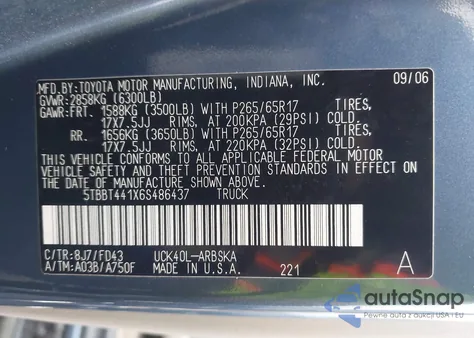 2006 Toyota Tundra Sr5 V8 z USA, uszkodzony, nr VIN 5TBBT441X6S486437
